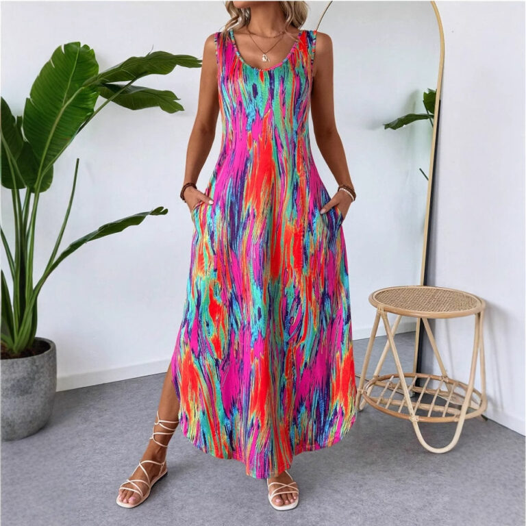 Elevate Your Summer Style with the Womens Fashionable Printed Sleeveless Slit Slimming Tank Dress