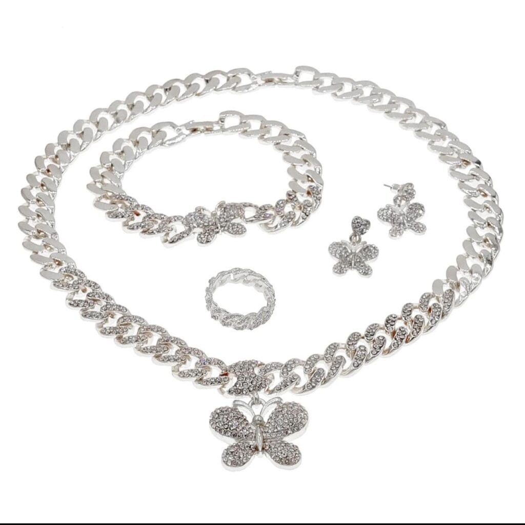 Women's Jewelry Set - Hugs & Kisses XOXO Miami Cuban Link iced Cut 4 Pieces Necklace Set for Women Butterfly Charm Necklace Bracelet Earrings Ring Real Gold Plated Layered