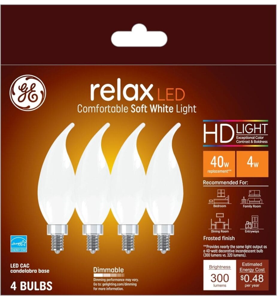 GE Relax LED Light Bulbs, 40 Watt, Soft White Candle Lights, Decorative Light Bulbs, Frosted, Small Base (36985), 4 Bulbs
