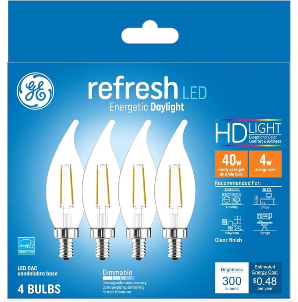 GE Refresh LED Light Bulbs, 40W, Daylight Candle Lights, Clear Decorative Light Bulbs, Small Base (4 Pack)