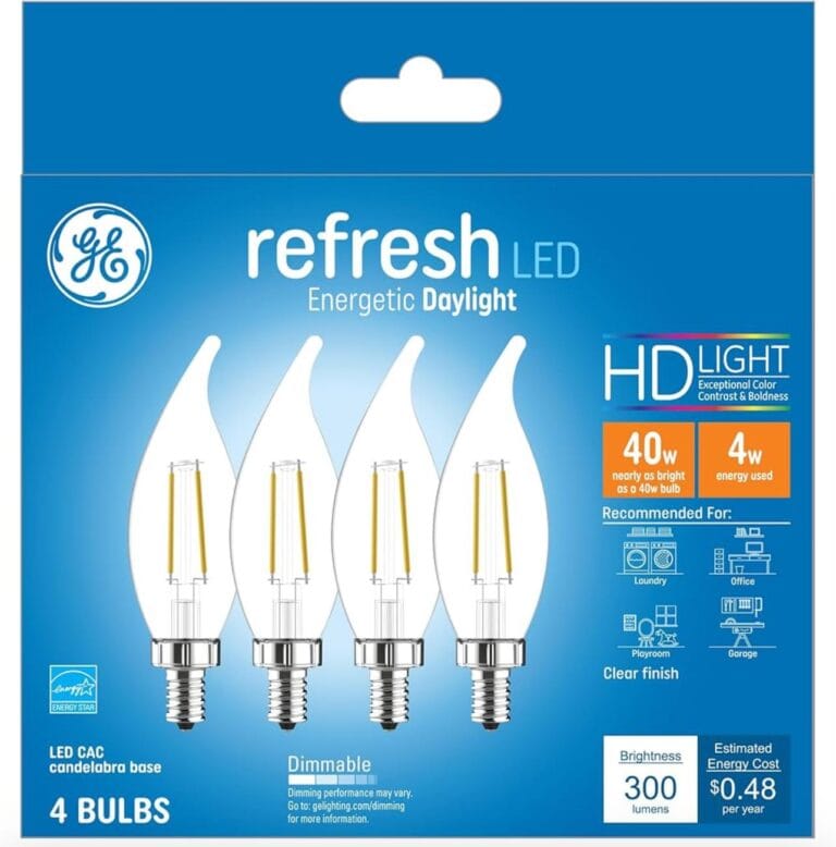 GE Refresh LED Light Bulbs, 40W, Daylight Candle Lights, Clear Decorative Light Bulbs, Small Base (4 Pack)