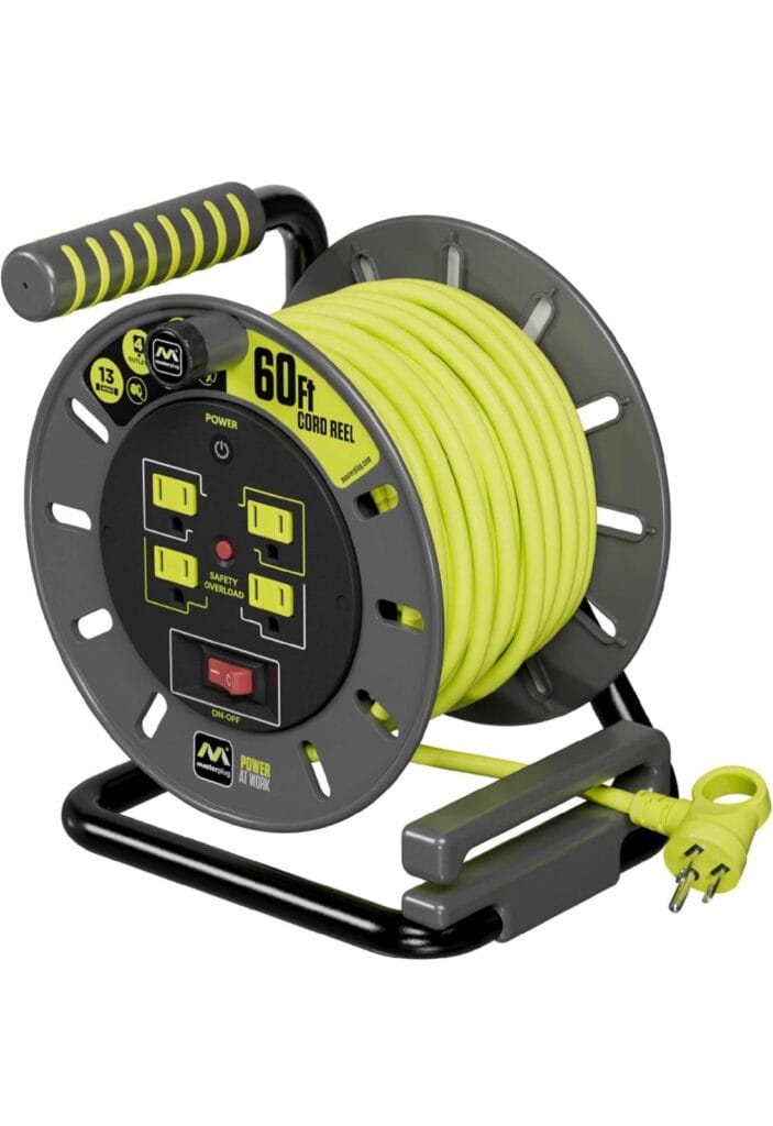 50ft Cord Reel, Retractable Extension Lead with Winding Handle, Cable, Safety Overload Circuit Breaker and Power Switch, 4X Grounded Outlets, 13amps, 14AWG Cable