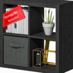 furtble Bookshelf with Storage Bin, 4-Cube Storage Organizer, Modern Wood Open Bookcase, Multifunctional Display Shelf for Living Room, Bedroom, Home Office, Black