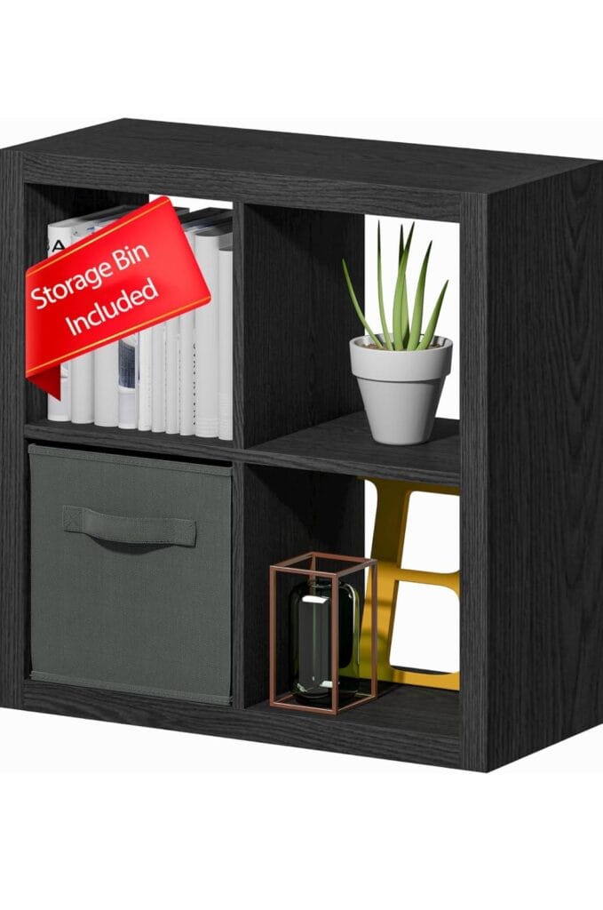 furtble Bookshelf with Storage Bin, 4-Cube Storage Organizer, Modern Wood Open Bookcase, Multifunctional Display Shelf for Living Room, Bedroom, Home Office, Black