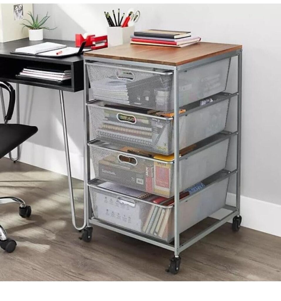 4-Drawer Organizer with Acacia Wood Top, Silver Grey - Durable Steel Mesh Drawers,