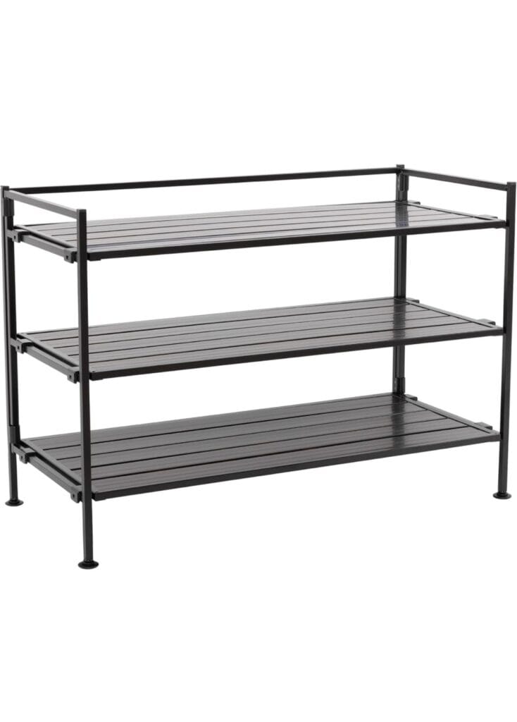 Seville Classics Sturdy Freestanding Storage Shelf for Bedroom, Closet, Entryway, Dorm Room Organizer, Stackable Metal 3-Tier 2" Resin Slat Shoe Rack, Espresso