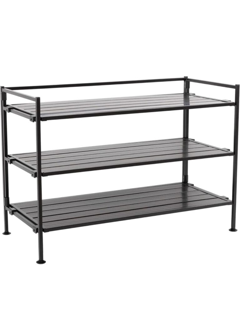 Seville Classics Sturdy Freestanding Storage Shelf for Bedroom, Closet, Entryway, Dorm Room Organizer, Stackable Metal 3-Tier 2" Resin Slat Shoe Rack, Espresso