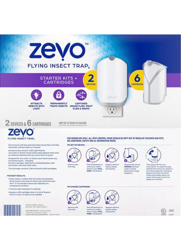 Zevo Flying Insect Trap, Fly Trap, Fruit Fly Trap (2 Plug-in Bases + 6 Refill Cartridges) Gnats, and House Flies Mosquitoes