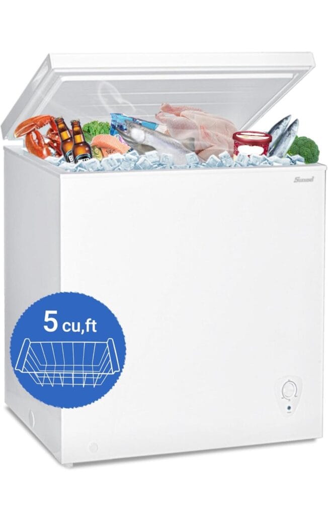 Smad 5.0 Cu Ft Chest Freezer with Removable Basket Free Standing Compact Freezer with Adjustable Temperature Top Open Door Deep Freezer Ideal for Apartment Garage Basement Office RV and Kitchen, White