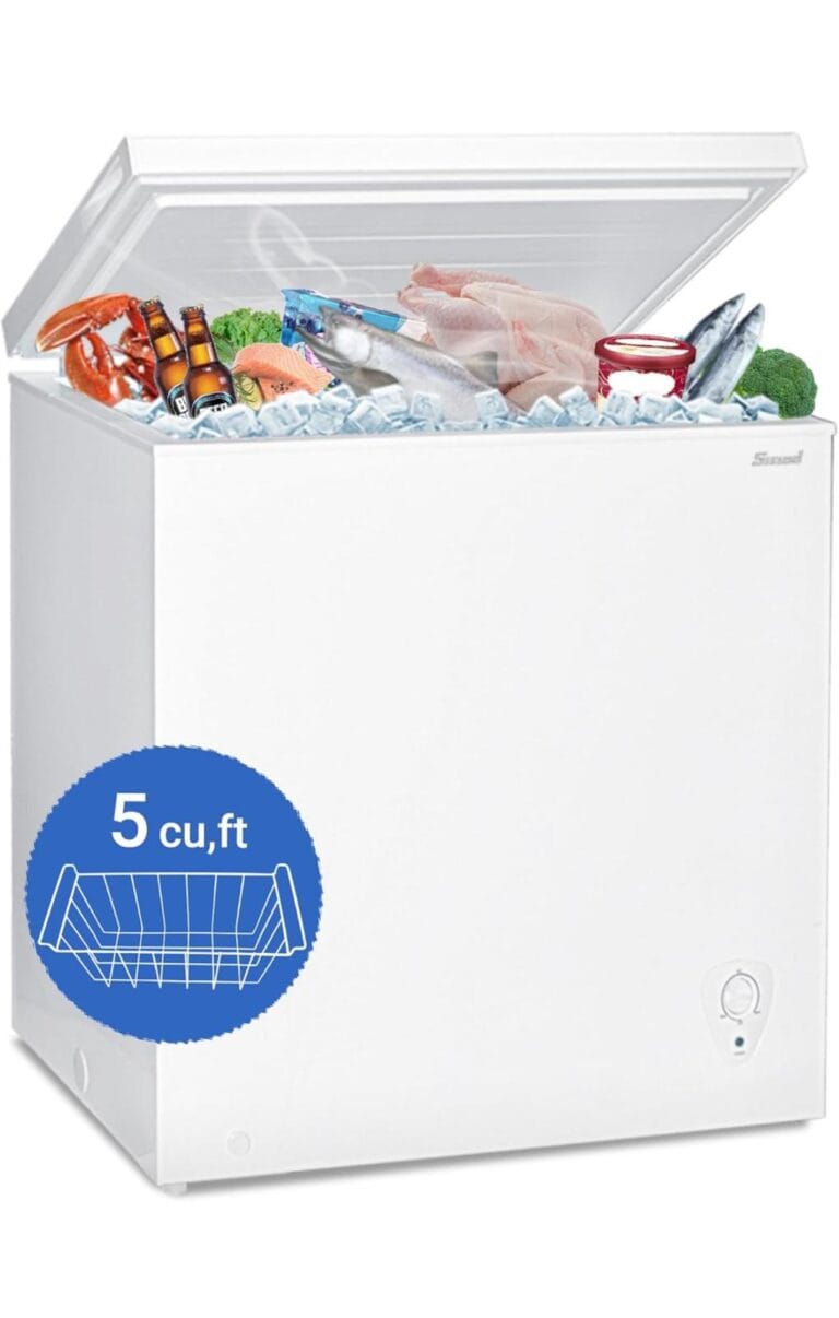 Smad 5.0 Cu Ft Chest Freezer with Removable Basket Free Standing Compact Freezer with Adjustable Temperature Top Open Door Deep Freezer Ideal for Apartment Garage Basement Office RV and Kitchen, White