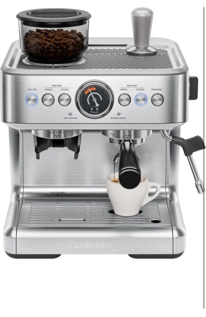Chefman Crema Supreme 15 Bar Espresso Machine with Milk Frother, Barista Steam Wand, Professional Coffee Maker with Coffee Grinder, 30 Grind Settings, 3L Removable Water Tank - Stainless Steel