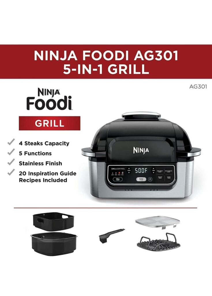 Ninja AG301 Foodi 5-in-1 Indoor Grill with Air Fry, Roast, Bake & Dehydrate, Black/Silver, 4-Quart Crisper Basket & 6-Quart Cooking Pot