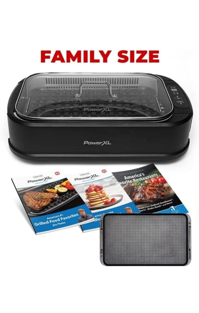 PowerXL Smokeless Grill Family Size- with Tempered Glass Lid with Interchangeable Grill and Griddle Plate and Turbo Speed Smoke Extractor Technology 22.1” X13.2” X 6.1