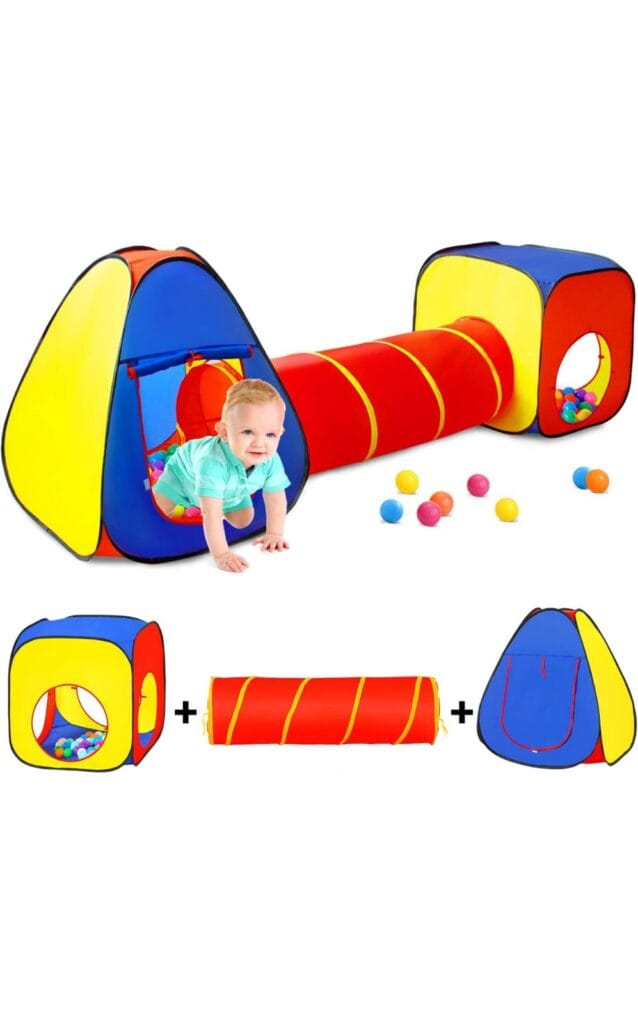 Kids Play Tent with Ball Pit+Crawl Tunnel+Castle Tent, Pop Up Toddlers Playhouse for Boys and Girls Gift, Collapsible Children Play Tent Toy Indoor and Outdoor Games (Colorful Fort)