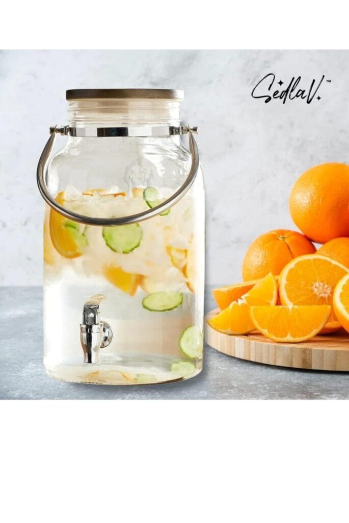 1.5 Gallon Glass Beverage Dispenser with Wood Lid – Drink Dispensers for Parties, Family Meals