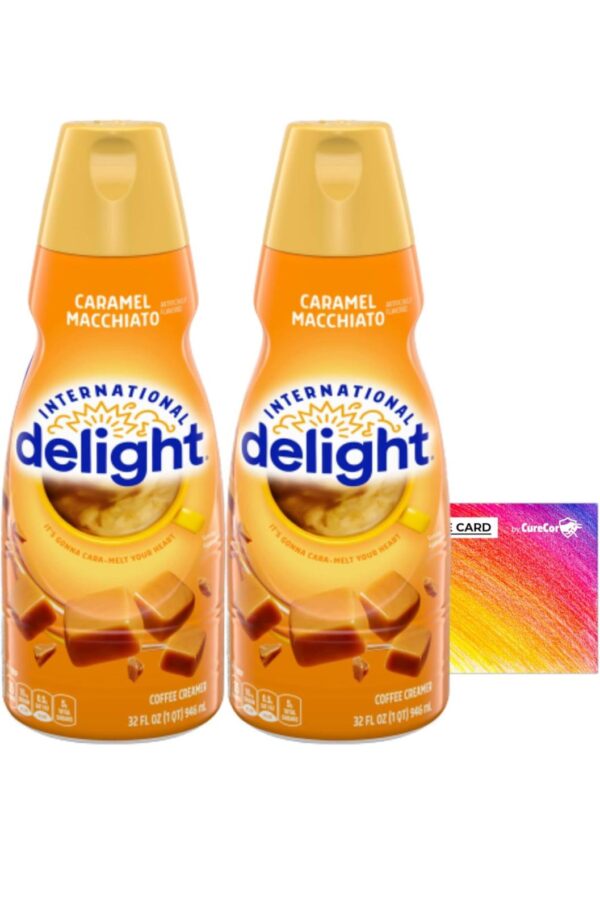 International-Delight Liquid Coffee Creamer.- Two (2) 32 fl oz Bottles of Creamy Smooth Delightful Coffee Creamer and One Authentic CureCor Collective Sticker! (Caramel Macchiato)