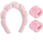 Sponge Spa Headband for Women, Makeup Headband and Wrist Washband Set Pink Skincare Facial Headband for Face Washing, Skincare, Teen Girl Gifts Trendy Stuff