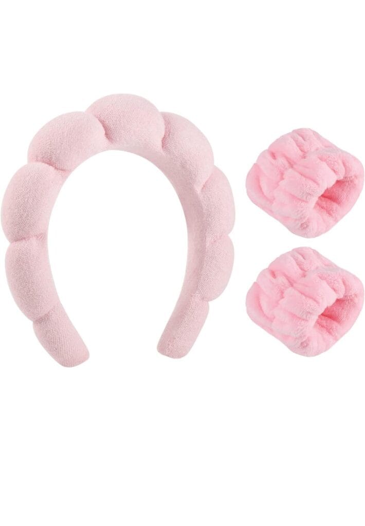 Sponge Spa Headband for Women, Makeup Headband and Wrist Washband Set Pink Skincare Facial Headband for Face Washing, Skincare, Teen Girl Gifts Trendy Stuff