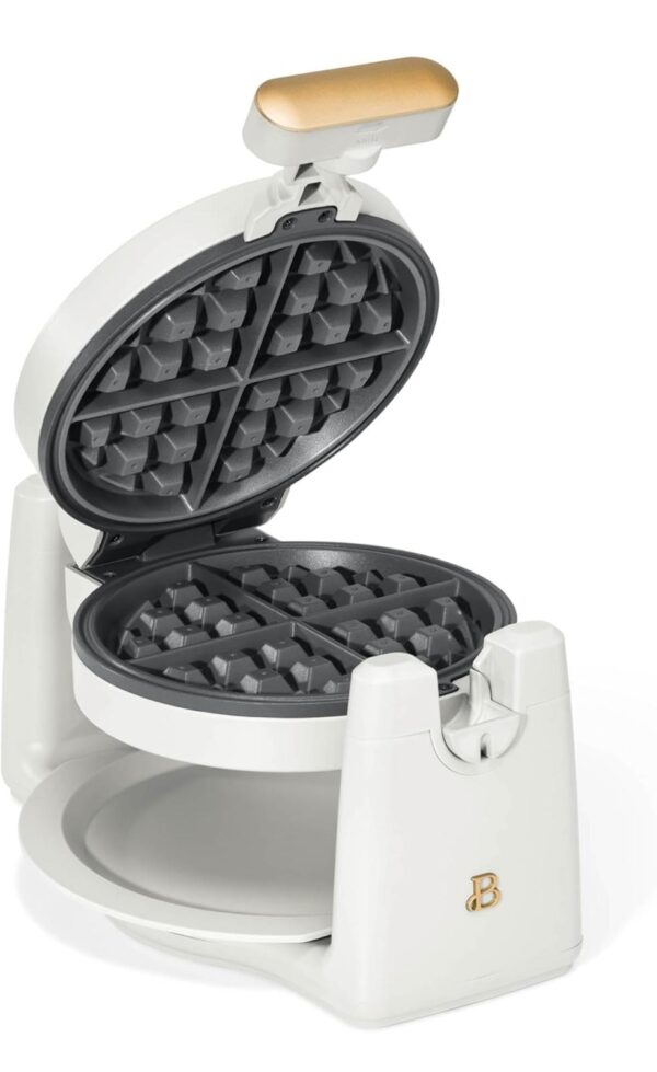 Rotating Belgian Waffle Maker, Black, by Drew Barrymore Flower, Makes 1-Inch Thick Waffles, Stainless Steel (White Icing)