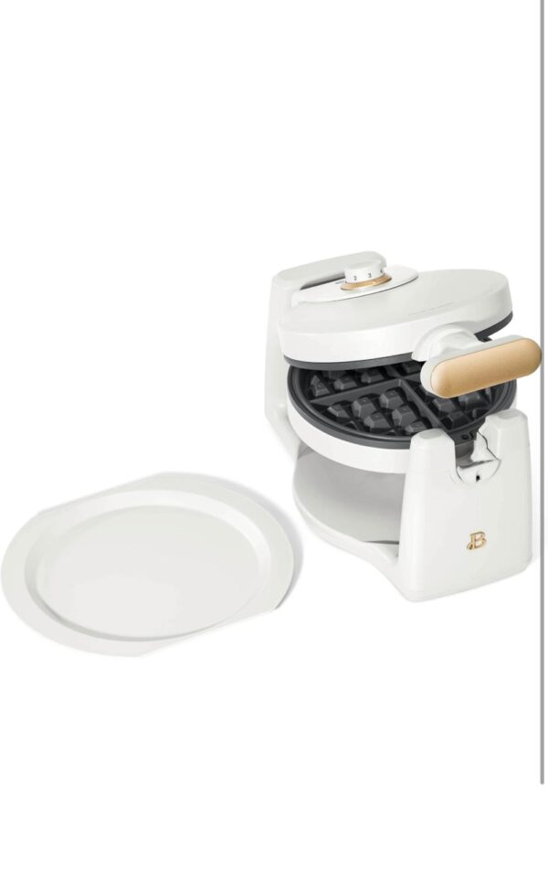 Rotating Belgian Waffle Maker, Black, by Drew Barrymore Flower, Makes 1-Inch Thick Waffles, Stainless Steel (White Icing)