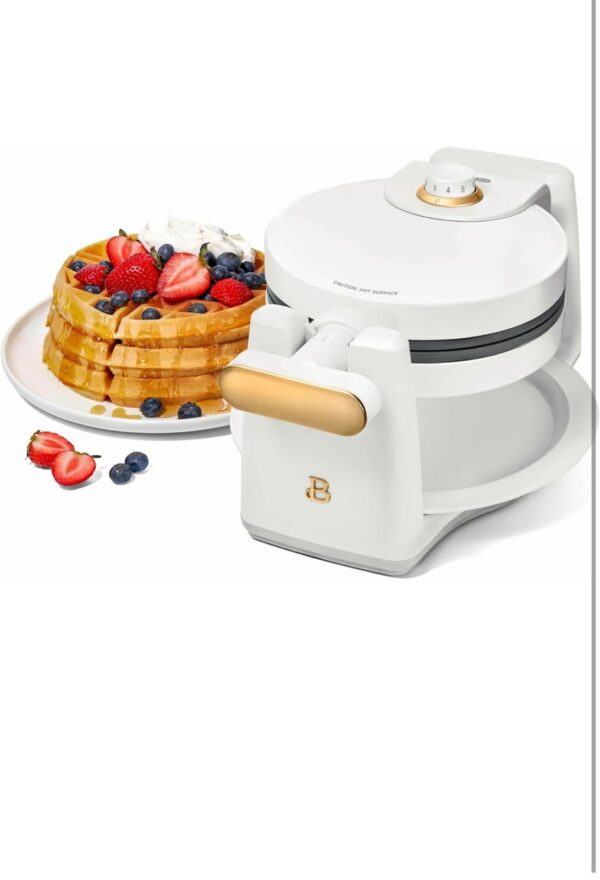 Rotating Belgian Waffle Maker, Black, by Drew Barrymore Flower, Makes 1-Inch Thick Waffles, Stainless Steel (White Icing)