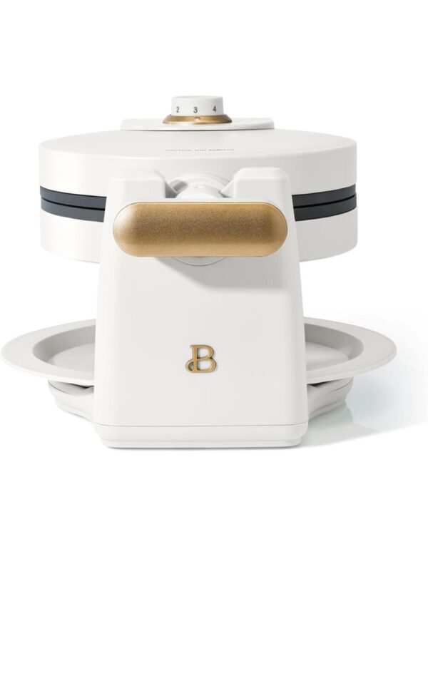 Rotating Belgian Waffle Maker, Black, by Drew Barrymore Flower, Makes 1-Inch Thick Waffles, Stainless Steel (White Icing)