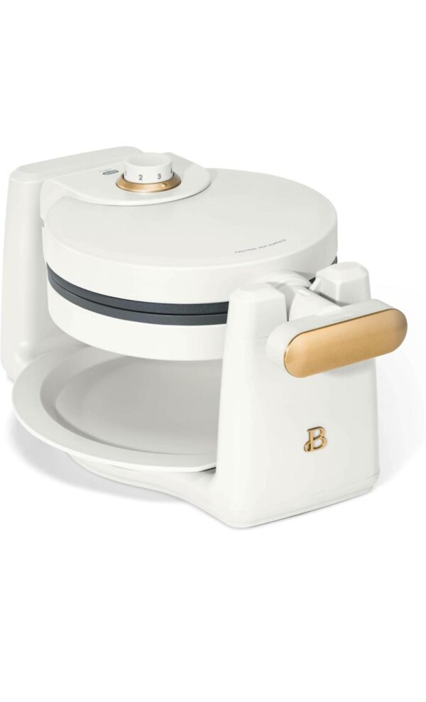 Rotating Belgian Waffle Maker, Black, by Drew Barrymore Flower, Makes 1-Inch Thick Waffles, Stainless Steel (White Icing)