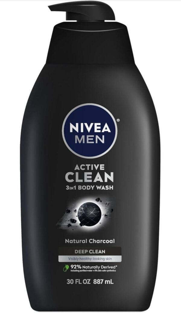 Nivea Men DEEP Active Clean Charcoal Body Wash, Cleansing Body Wash with Natural Charcoal, 30 Fl Oz Pump Bottle