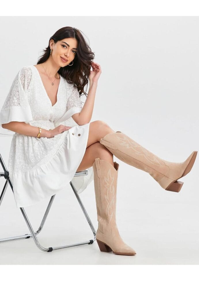 Cowgirl Boots Women Knee High Boots Pointed Toe and Block Heel Cowboy Suede and Faux Leather Boots with Embroidered