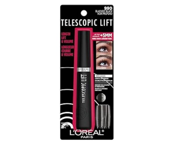 L'Oreal Paris Telescopic Lift Mascara, Lengthening and Volumizing Eye Makeup, Lash Lift with Up to 36HR Wear, Washable, Blackest Black, 0.33 Fl Oz