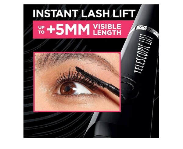 L'Oreal Paris Telescopic Lift Mascara, Lengthening and Volumizing Eye Makeup, Lash Lift with Up to 36HR Wear, Washable, Blackest Black, 0.33 Fl Oz