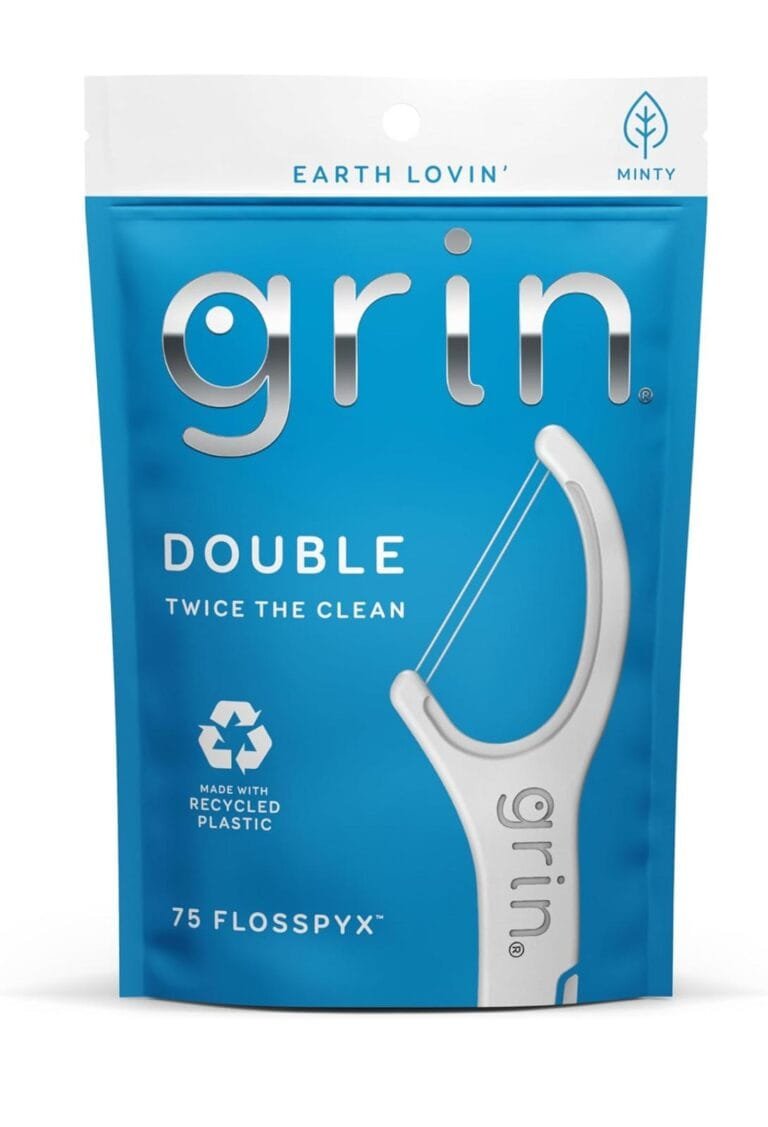GRIN Double Flosspyx, Floss Picks, 75 Count, Dental Flossers, Minty Flavor, Recycled Plastic, 2 Lines of Strong Floss, Longer Floss Head, Traps Food and Plaque, Includes Safe Soft Fold-Back Tooth Pick