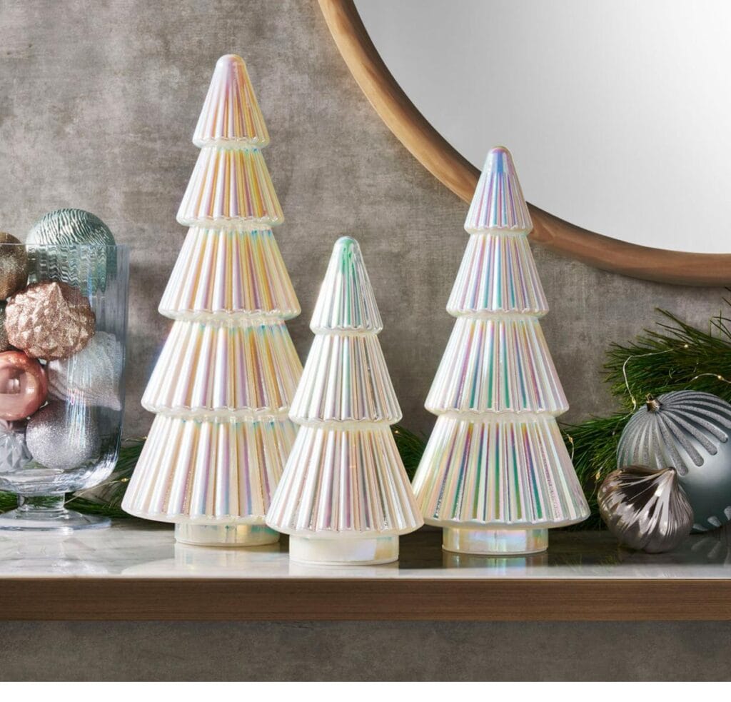 Pre -Lit iridescent Glass Trees ,Set of 3