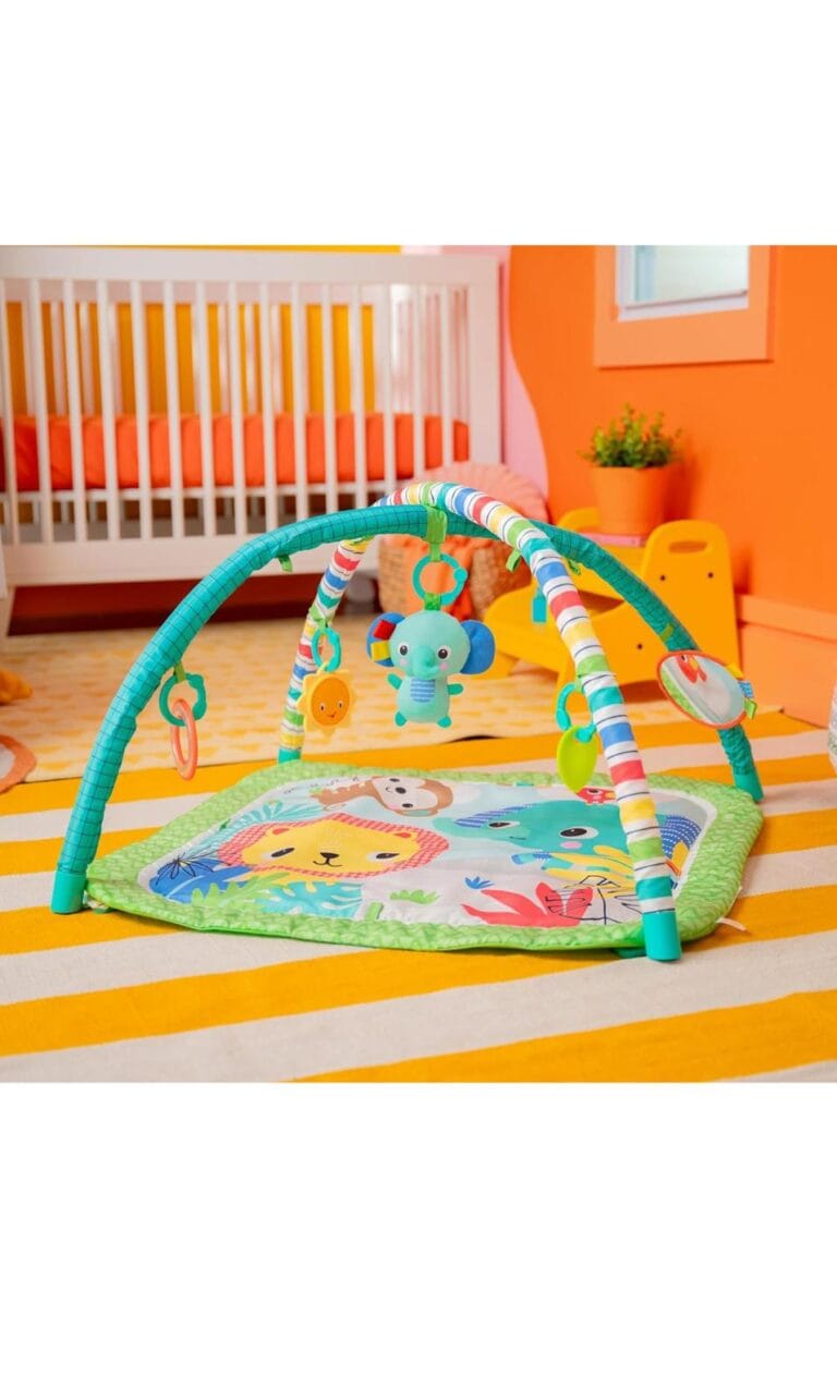 Bright Starts Wild Wiggles Baby Activity Gym & Play Mat with FoldingToy bar, Newborn and up –