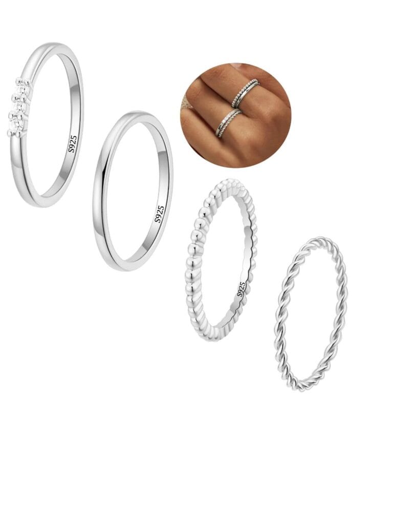 APSVO 4PCS 925 Sterling Silver Rings for Women,Non Tarnish Knuckle Dainty Fashion CZ Ring Pinky Thin Thumb Stackable Ring Set Anniversary Valentine’s Day Christmas Jewelry Gift Size 6/7/8/9/10