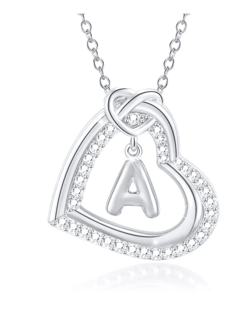 APSVO 14K White Gold Love Heart Initial Necklaces for Women CZ Hypoallergenic S925 Sterling Silver Heart Pendant Necklace Bubble Letter A Necklace Jewelry Birthday Valentine's Day Gifts for Her