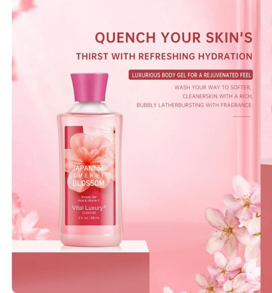 Vital Luxury Bath and Body Care Gift and Travel Set, Japanese Cherry Blossom Scent, with Body Lotion, Shower Gel and Body Mist
