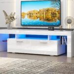 UHOMEPRO TV Stand for TV up to 70", Living Room Entertainment Center with RGB LED Lights and Storage Shelves Furniture, White High Gloss TV Cabinet Console Table
