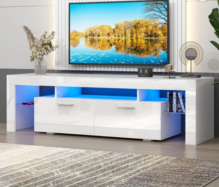 UHOMEPRO TV Stand for TV up to 70″, Living Room Entertainment Center with RGB LED Lights and Storage Shelves Furniture, White High Gloss TV Cabinet Console Table