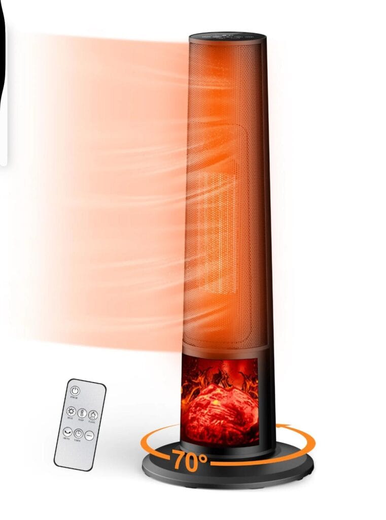 Qunler Space Heater with Remote, 1500W Portable Electric 26" Tower Heater with Tip-over and Overheat Protection, 12H Timer, Heating Fan for Desk Office, Black