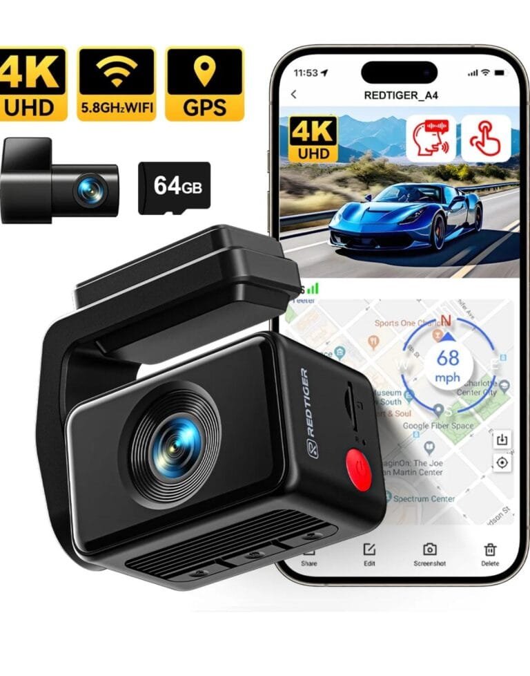 REDTIGER A4 Dash Cam 4K, Dash Cam Front and Rear with 5.8G WiFi & GPS, Touch Screen, Super Night Vision, G-Sensor, Voice Control, 24H Parking Mode, Free 64GB Card