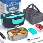 COCOBELA Electric Lunch Box Food Heater – 2-in-1 Portable Food Warmer for Car & Home, Leak-Proof, Stainless Steel, Removable Container with SS Fork & Spoon and Carry Bag