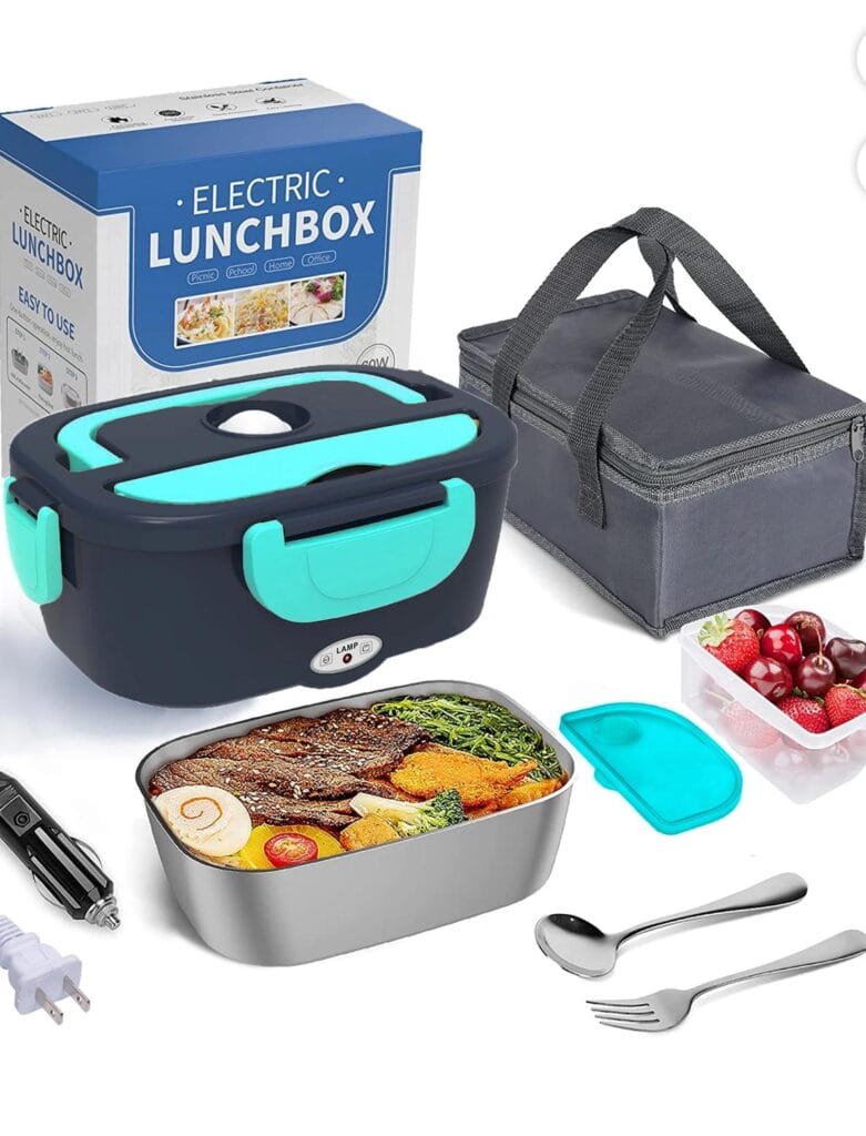COCOBELA Electric Lunch Box Food Heater – 2-in-1 Portable Food Warmer for Car & Home, Leak-Proof, Stainless Steel, Removable Container with SS Fork & Spoon and Carry Bag
