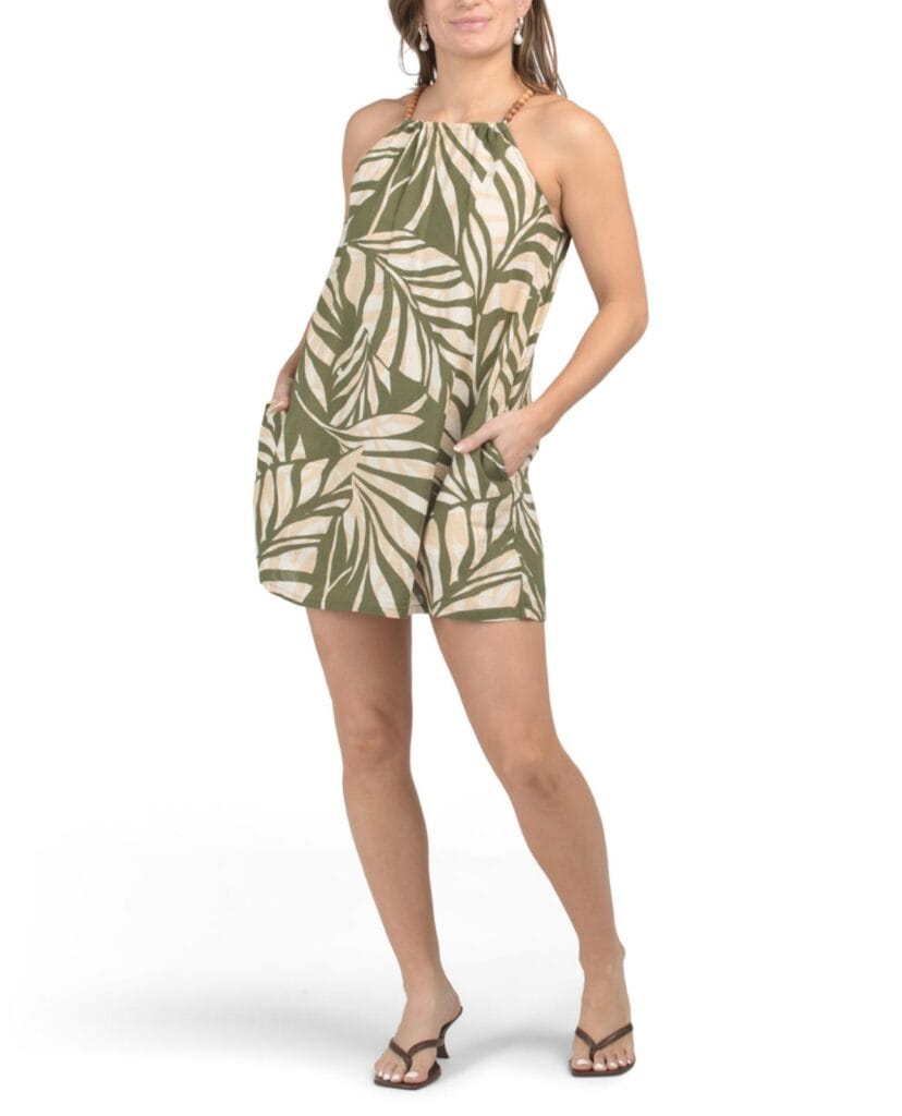 Linen Blend Beaded Halter Neck Beach Cover - Up Dress