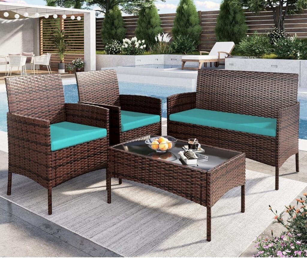 ELPOSUN 4-Piece Outdoor Wicker Rattan Chair Set - Sectional Loveseat, Cushions, and Table for Patio, Backyard, Poolside, and Garden (Grey-Turquoise)