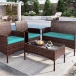 ELPOSUN 4-Piece Outdoor Wicker Rattan Chair Set - Sectional Loveseat, Cushions, and Table for Patio, Backyard, Poolside, and Garden (Grey-Turquoise)
