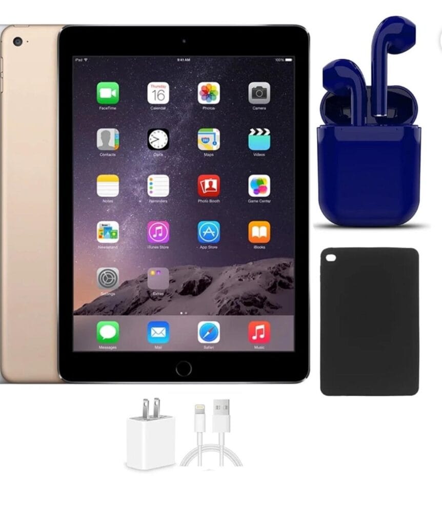 Restored Apple iPad Air 2 9.7-inch Retina 16GB Wi-Fi Only Latest OS Bundle: USA Essentials Bluetooth/Wireless Airbuds, Case, Rapid Charger