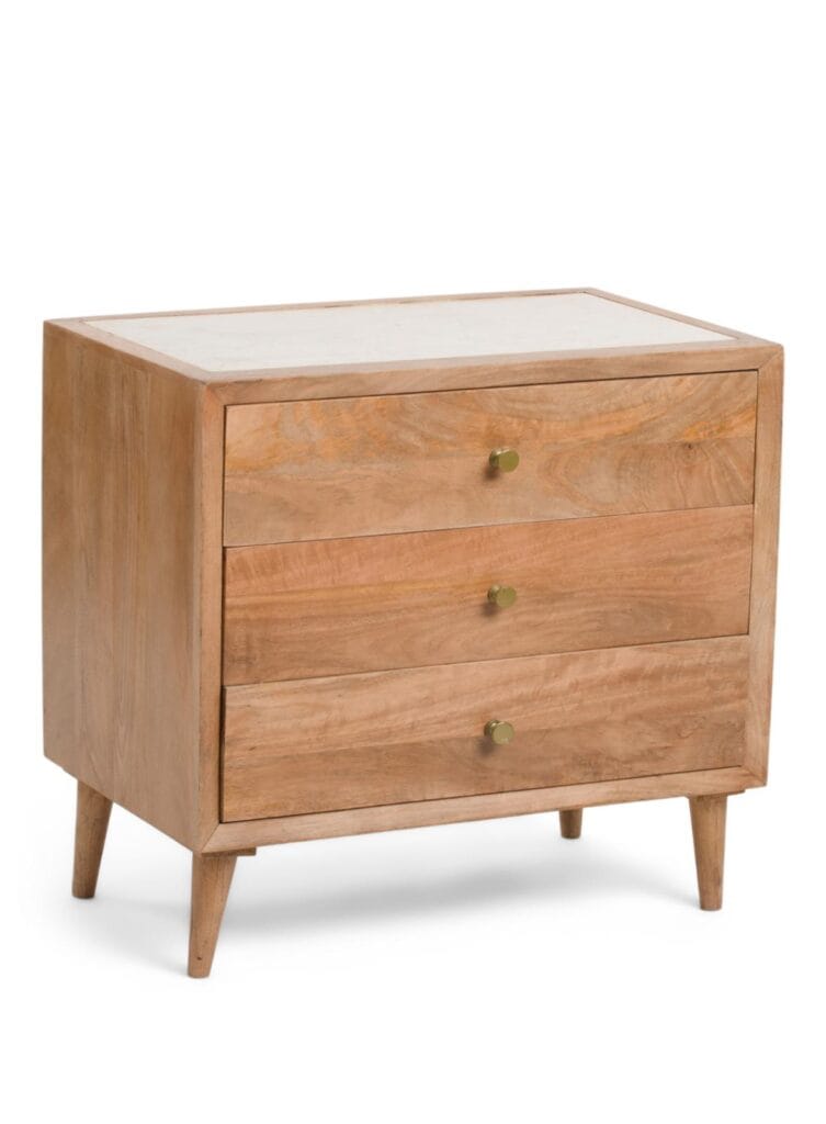 Made in India 26in Wood 3-Drawer Accent Table with Marble Top – Elegant Storage Piece for Home Decor