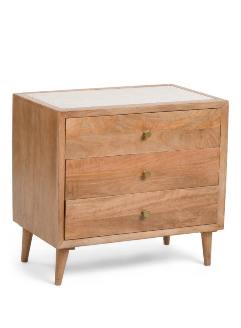 Made in India 26in Wood 3-Drawer Accent Table with Marble Top – Elegant Storage Piece for Home Decor