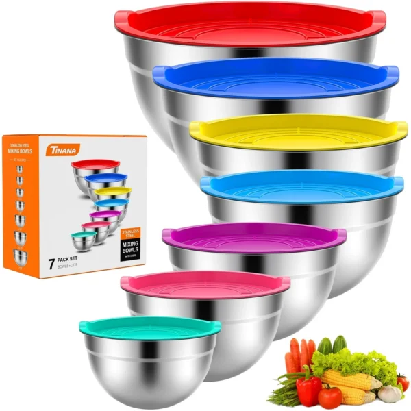 TINANA Mixing Bowls Lids 7PCS Stainless Steel Mixing Bowls Set Metal Nesting Mixing Bowls Kitchen Size 7 4 5 3 2 1 5 1 0 7 QT Great Prep Baking Servi 7d235cdb 4dd5 4e72 8599 a7de17dca817.5ea9e1c6e72